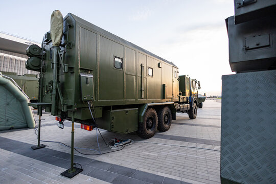 Military equipment and army equipment.. Mobile army command post equipped for operational communication and coordination. Army portable command station deployed with operational gear