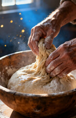 Fototapeta premium Professional chef preparing homemade bread dough in a rustic kitchen
