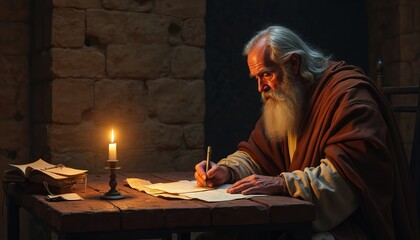 Fototapeta premium Elderly man with long white beard writes letter by dim candlelight. Old scholar in robes works on parchment in stone cell. Ancient book lies open on desk.