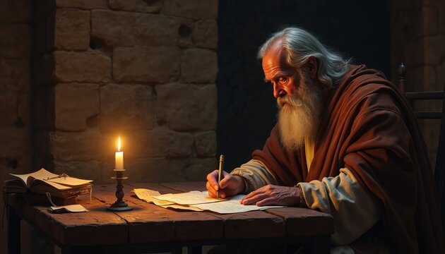 Elderly man with long white beard writes letter by dim candlelight. Old scholar in robes works on parchment in stone cell. Ancient book lies open on desk.