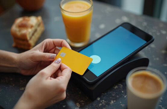 Woman paying with yellow credit card on dataphone at cafe table. Person uses contactless tech for bank transaction with juice and coffee near food.