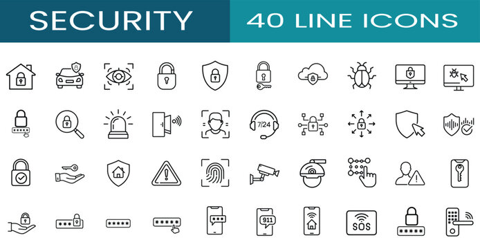 Security and cyber protection web line icons set featuring padlock, shield lock, eye scan, fingerprint recognition, CCTV camera, cloud safety, and more Vector Illustration with editable stroke.
