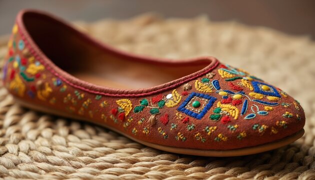 Brown leather jutti shoe with colorful embroidery and mirror work. Traditional Indian ethnic footwear features geometric patterns. Ideal for cultural fashion and artisan crafts.