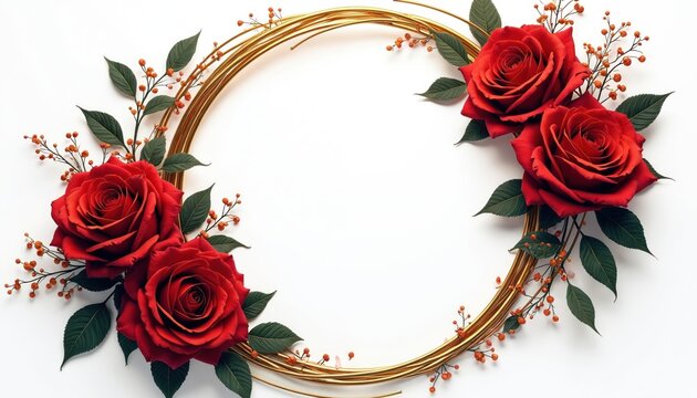 Round gold frame with red roses and green leaves. Delicate floral border with tiny berries. Elegant natural element for cards, invitations, and celebrations. Romantic decorative design.