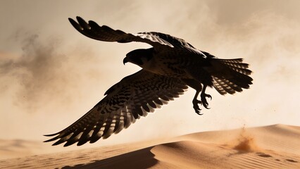 Naklejka premium Falcon Mid Descent Above Desert Dunes with Luminous Sky for Striking Wildlife Art and Decor