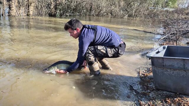 A man releases a carp Cyprinus carpio into a freshwater lake during a stocking operation, supporting recreational angling and managed fish populations.