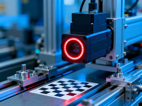 Industrial machine vision camera with red LED ring light, automated quality control sensor on production line, smart factory robotics inspection system isolated on White Background