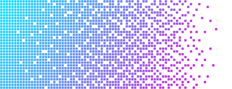 Neon AI pixel fade gradient bg. Blue and purple gradient background. Abstract digital pattern with square elements grid. Vibrant futuristic cyber neural network texture. Modern vector illustration.