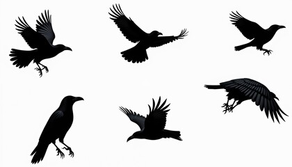 Obraz premium Black crows fly and perch against white background. Birds show wings spread in motion. Silhouettes suggest avian grace and wild nature. Simple graphic design elements.