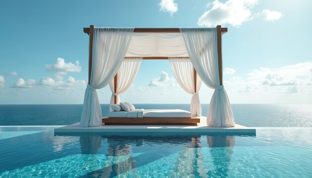 Outdoor cabana bed sits by infinity pool overlooking vast blue ocean. White curtains drape canopy. Clear sky and calm water suggest peaceful summer day.