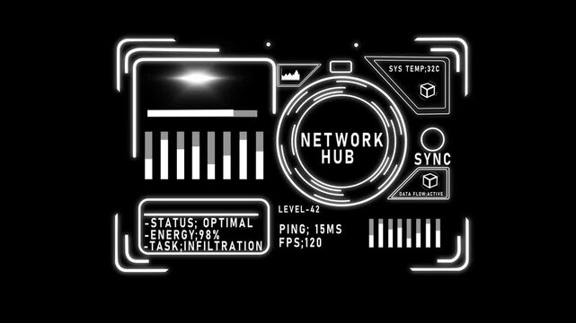 Futuristic network hub hud interface overlay, cyberpunk digital data analytics display 4k