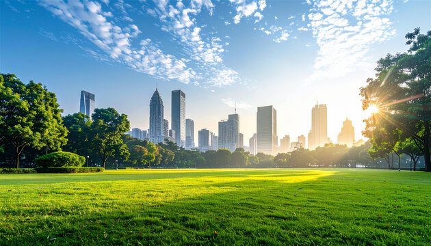 青空と朝日が差し込む公園の芝生と緑、スカイラインと高層ビルが広がる自然と都市が調和した爽やかな都市風景