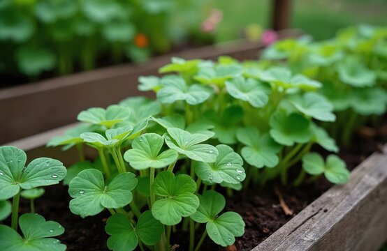Young green oca plants grow in wooden garden box. Fresh leaves with water drops show early stage vegetation. Soil rich in nutrients nurtures healthy crop.