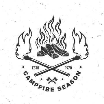 Campfire with crossed matches and burning wood outdoor camping scene vector illustration campfire season badge design for t shirt poster sticker isolated on white background