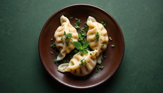 Three plump dumplings sit on a brown plate garnished with fresh green herbs. This dish looks delicious and ready to eat for any meal. Its perfect for food blogs or restaurant menus.
