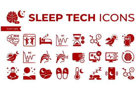 Sleep Tech Icon Set REM Cycle Sleep Stages Sleep Debt Melatonin Timing Chronotype Sleep Apnea Blue Light Exposure Wellness App Vector Illustration