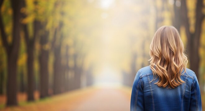 Woman seen from behind wearing denim jacket walking down tree-lined path during autumn with blurred background and warm light.