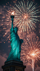 Fototapeta premium Statue of Liberty with spectacular fireworks in the night sky for Independence Day celebration
