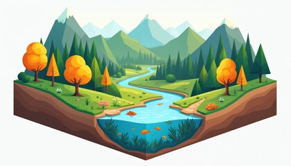 Fototapeta premium Isometric view of forest landscape with river and mountains. Trees, fish in water show ecosystem health. Rich green grass, blue water, scenic nature background.