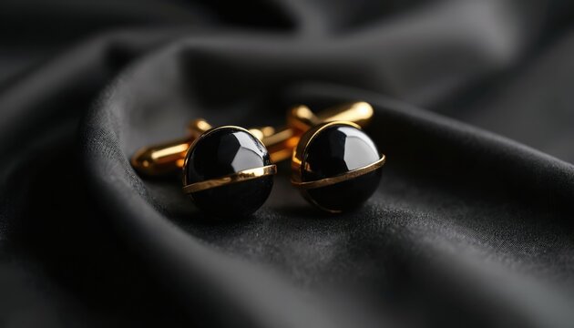 Pair of polished obsidian cufflinks with gold trim rest on black silk fabric. These luxury accessories add elegance to formal menswear for special events or weddings.