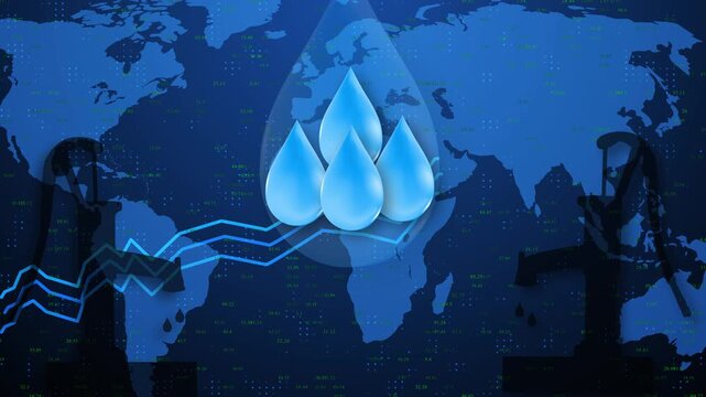 Conceptual Digital Illustration Of The Global Water Crisis Featuring Four Large Blue Water Drops Centered Over A Dark Blue World Map Background With Floating Digital Data Points, Silhouettes Of Manual