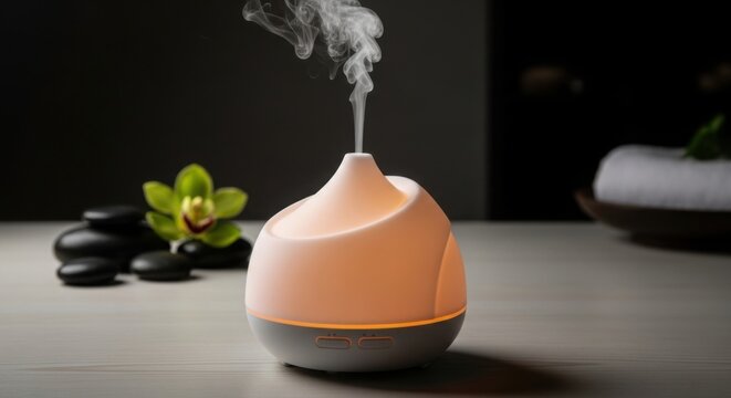 An essential oil diffuser emitting a gentle mist, surrounded by black stones and a green orchid on a gray surface.