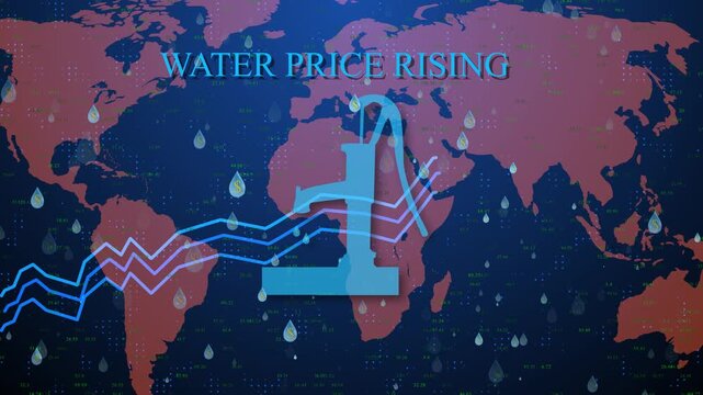 Conceptual Animation Of Rising Global Water Prices Featuring A Blue Manual Hand Pump Over A Digital World Map With Upward-trending Line Graphs And Dollar-signed Water Droplets Under A Glowing Dark Blu