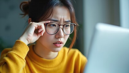 Fototapeta premium Woman with glasses squints at computer screen. She rubs her eye feeling discomfort from digital eye strain. Tiredness from screen time causes frustration and blurry vision.