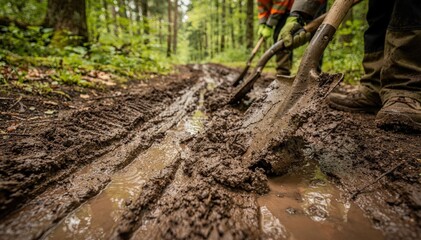 Fototapeta premium Closeup of muddy trail section being reshaped by crew with shovels main subject crisp and background foliage blurred for emphasis