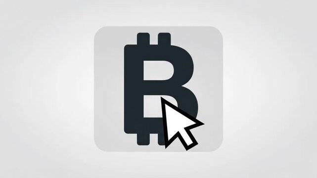 A simple black Bitcoin logo with a cursor clicking on it, symbolizing digital currency transactions.