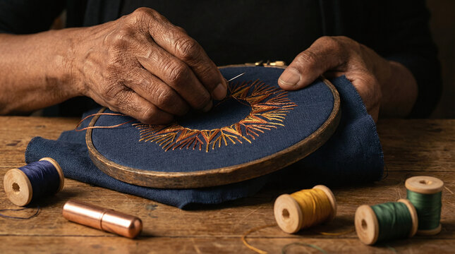 Close-up of a skilled person hands embroidering a complex geometric sun pattern on navy blue fabric using a hoop. Elegant handicraft concept with colorful thread spools on a rustic wooden table