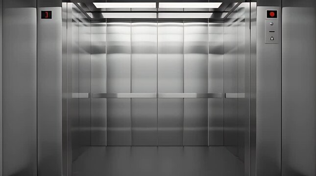 Interior view of an empty modern elevator cabin featuring brushed stainless steel walls and illuminated ceiling lighting for vertical transport.