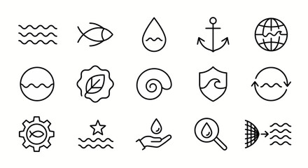 Fototapeta premium Maximum ultra-simplified ocean conservation and blue economy web icons in line art style. Symbols of marine protection, sustainable water resources, and sea life preservation. Clean black and white ve
