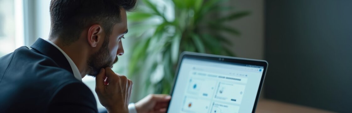 Man in suit ponders choice on online survey. Laptop shows checkboxes on screen. Professional thinks hard, studies data. Person evaluates options. Future planning work.