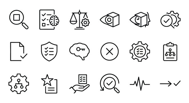 Maximum ultra-simplified algorithmic accountability and AI auditing web icons in line art style. Symbols of model transparency, ethical verification, and AI compliance. Clean black and white vector il