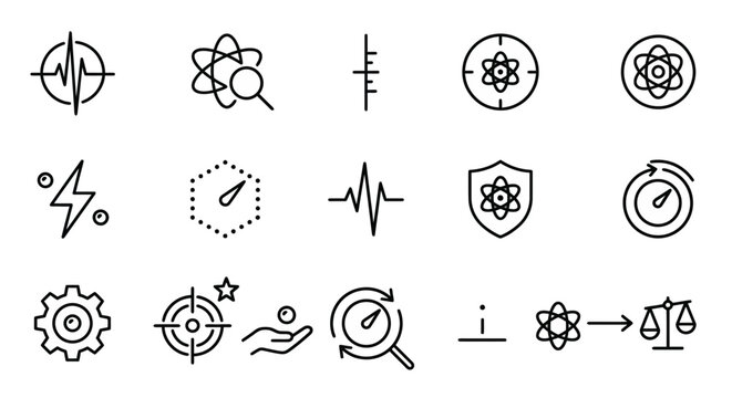 Maximum ultra-simplified quantum sensors and metrology web icons in line art style. Symbols of atomic precision, subatomic measurement, and high-tech sensing. Clean black and white vector illustration
