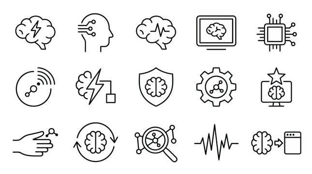 Maximum ultra-simplified neurotechnology and BCI web icons in line art style. Symbols of brain-computer interfaces, cognitive enhancement, and neural engineering. Clean black and white vector illustra
