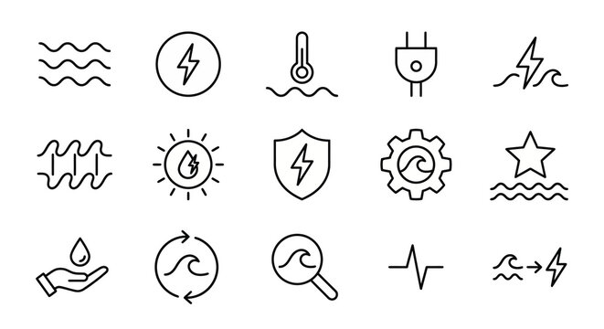 Maximum ultra-simplified ocean thermal energy and wave power web icons in line art style. Symbols of marine renewable resources, OTEC technology, and tidal energy extraction. Clean black and white vec