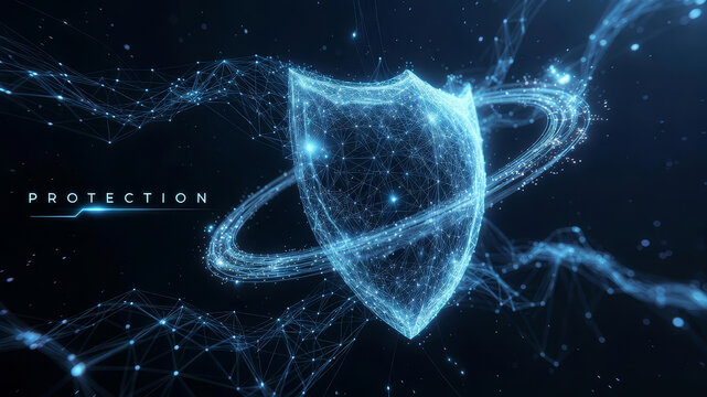 A digital shield surrounded by radiant lines and cosmic rings symbolizes protection, security, and advanced technology in a futuristic design.