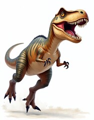 Fototapeta premium Cute cartoon dinosaur leaps forward with open mouth, sharp teeth. Playful prehistoric creature striking orange, green stripes, large eyes, powerful legs ready for action. Ideal for children books,