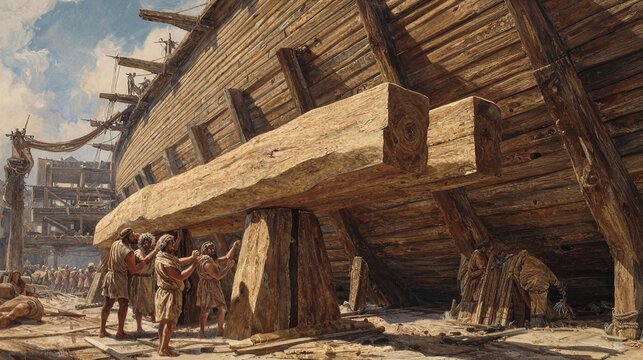 Noah building the ark with large wooden beams, his sons assisting as they position massive timbers