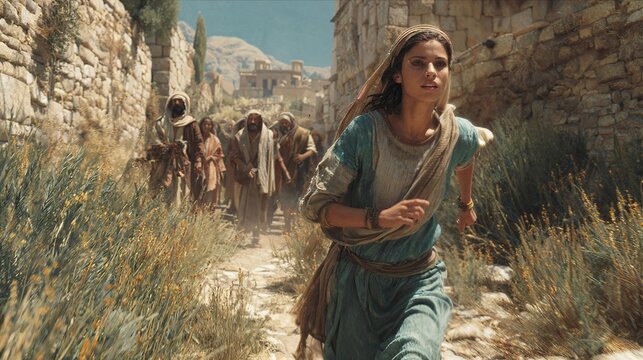 Rebekah running to tell her family about the visitor at the well
