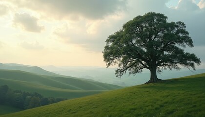 Fototapeta premium Huge ancient tree stands on green rolling hills under cloudy sky. Peaceful countryside landscape, fresh grass grows on gentle slopes. Nature scene unfolds with layers of distant hills.