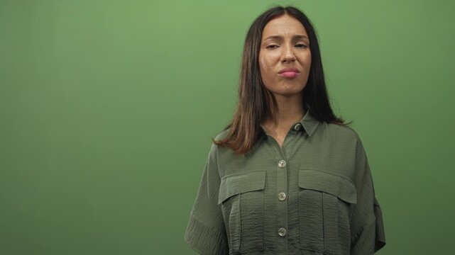 Woman with pursed lips and visible face wearing green button shirt in green studio setting; skepticism reflection.