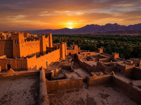 Ouarzazate Kasbah Rooftop at Sunset with Atlas Mountains