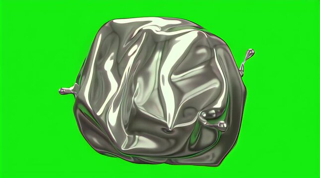 A fascinating abstract 3D render showcasing a dynamic metallic liquid blob constantly morphing and evolving its reflective silver surface against a vibrant green screen background.
