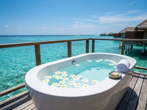 Freestanding Outdoor Bathtub on Maldives Water Villa Teak Deck
