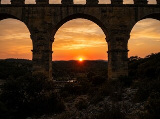 Fototapeta premium Sunset Through Arch of Ancient Roman Aqueduct in Southern France
