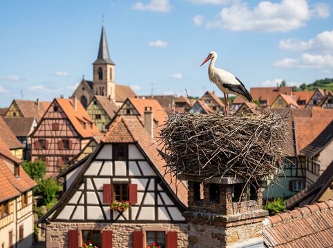 White Stork Nesting on Chimney of Half-Timbered House in Alsace