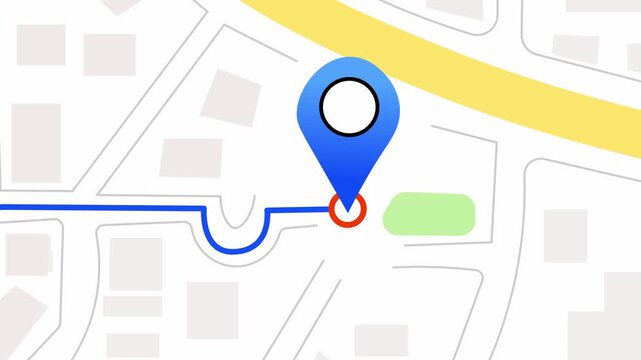 GPS Navigation Route Map and Location Pin With Animated Path From Starting Point to the Destination.  Simple minimal streets, buildings, and green areas. 